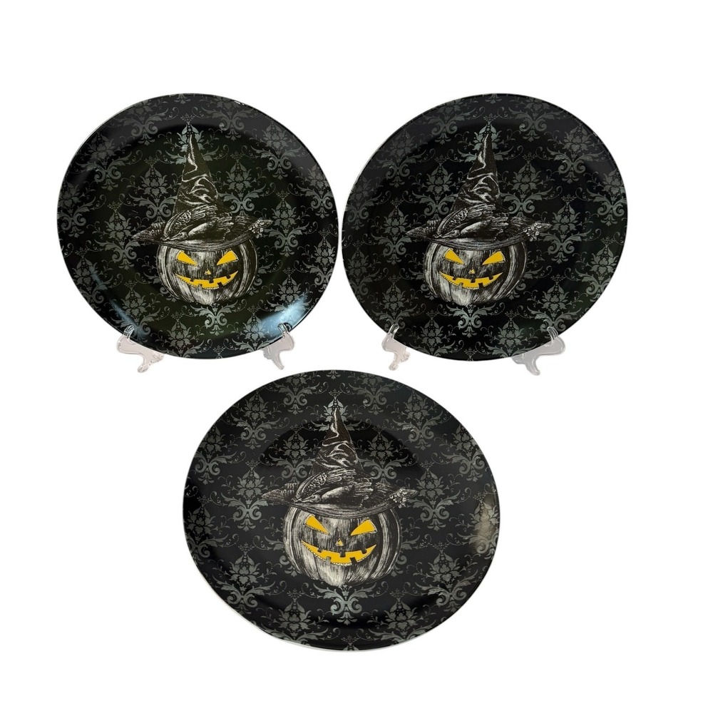 Harvest Green Studio Halloween Dinner Plate Set 3 Black Pumpkin Witch Hat Damask